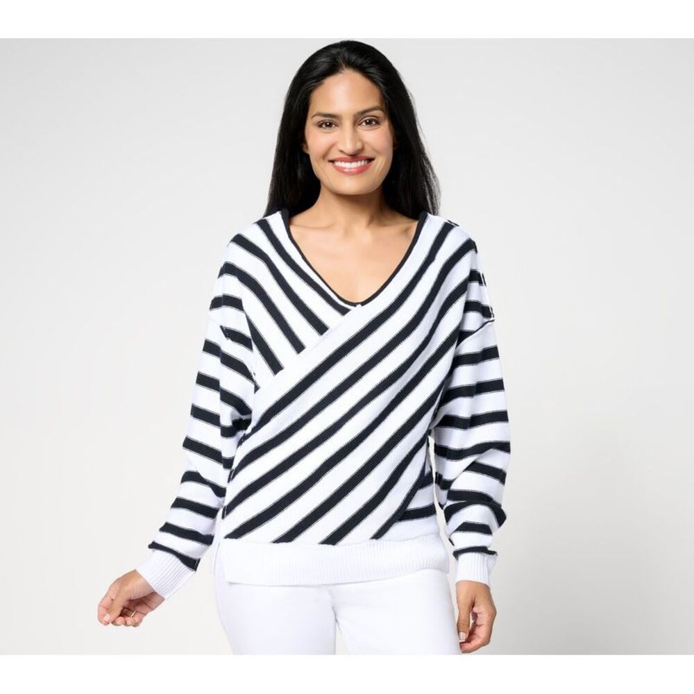 SUNNYLiFE Women's Top Sweater Sz S Overlap Stripe V-Neck Black A685148